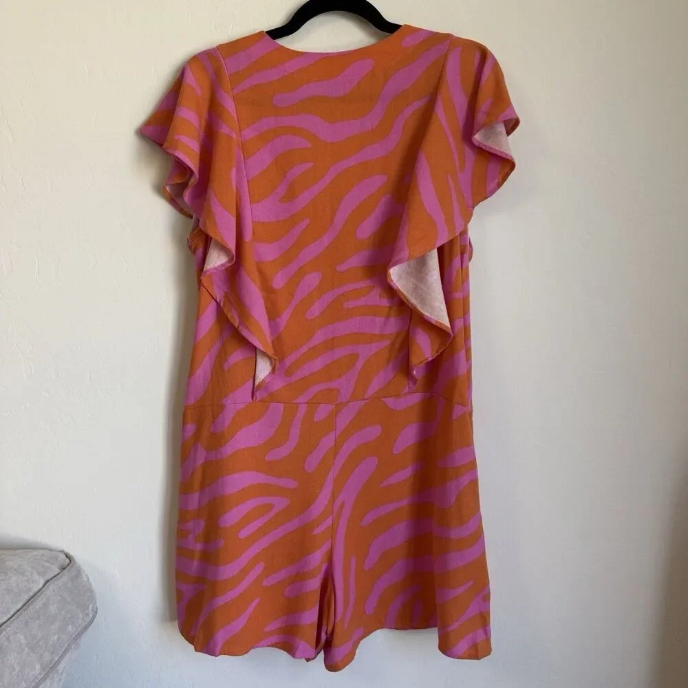 Hot Pink & Orange Zebra Animal Print Linen Blend Romper Artsy Resort Wear Medium